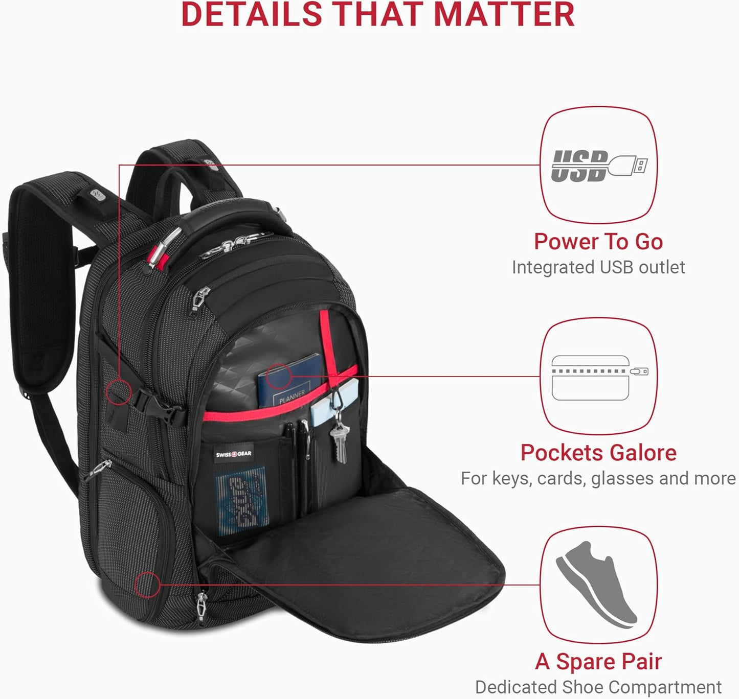 Travel Tech Elite Laptop Backpack – Fits Laptops up to 16” – Scansmart Tsa-Friendly Backpack with USB Port, Shoe Compartment & Organizer Pockets – Black Dot