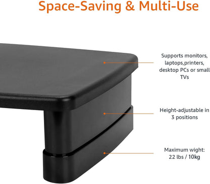 Height Adjustable Rectangular Computer Monitor Riser Desk Stand with Storage for Reduced Neck Strain - Fits Monitors, Laptops up to 22Lbs, Black