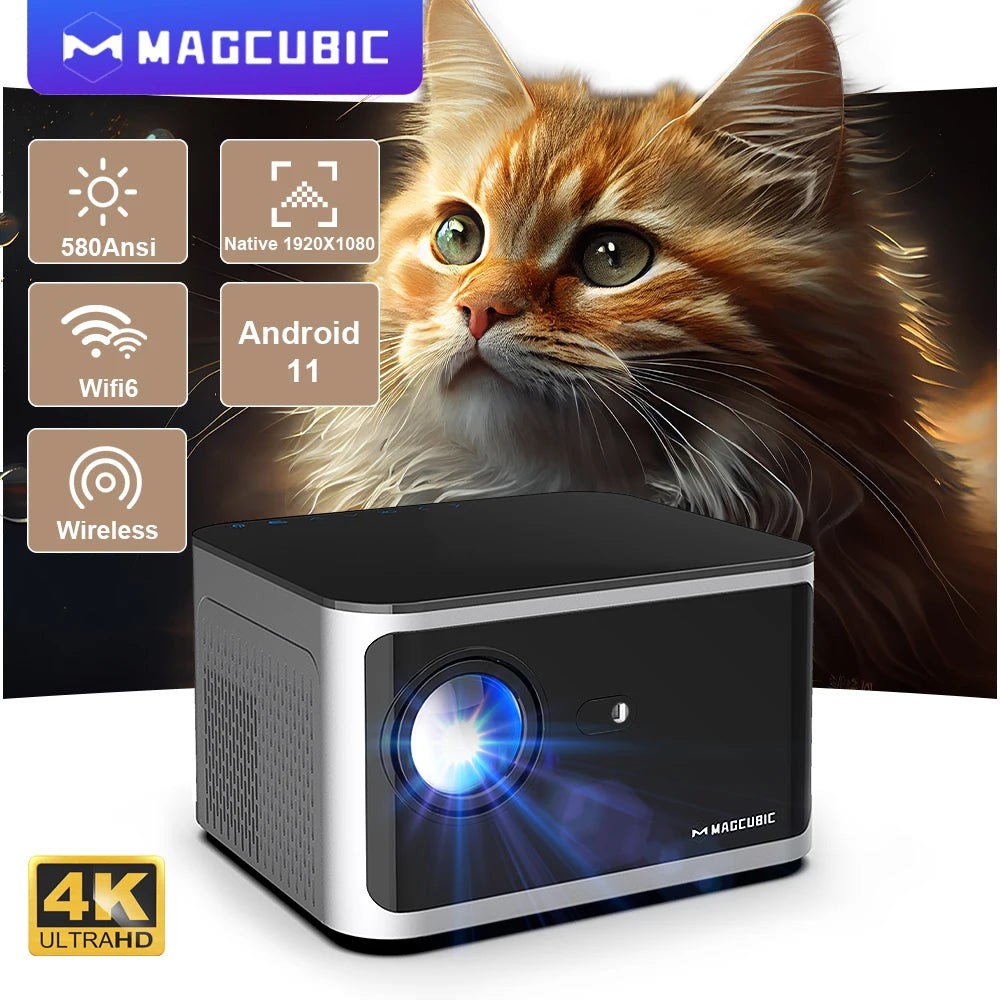 4K Smart Projector with Android 11, 580 ANSI Lumens, 1920x1080P Full HD, Wi-Fi 6, Bluetooth 5.0, Allwinner H713, and Voice Control for Home Theater Applications