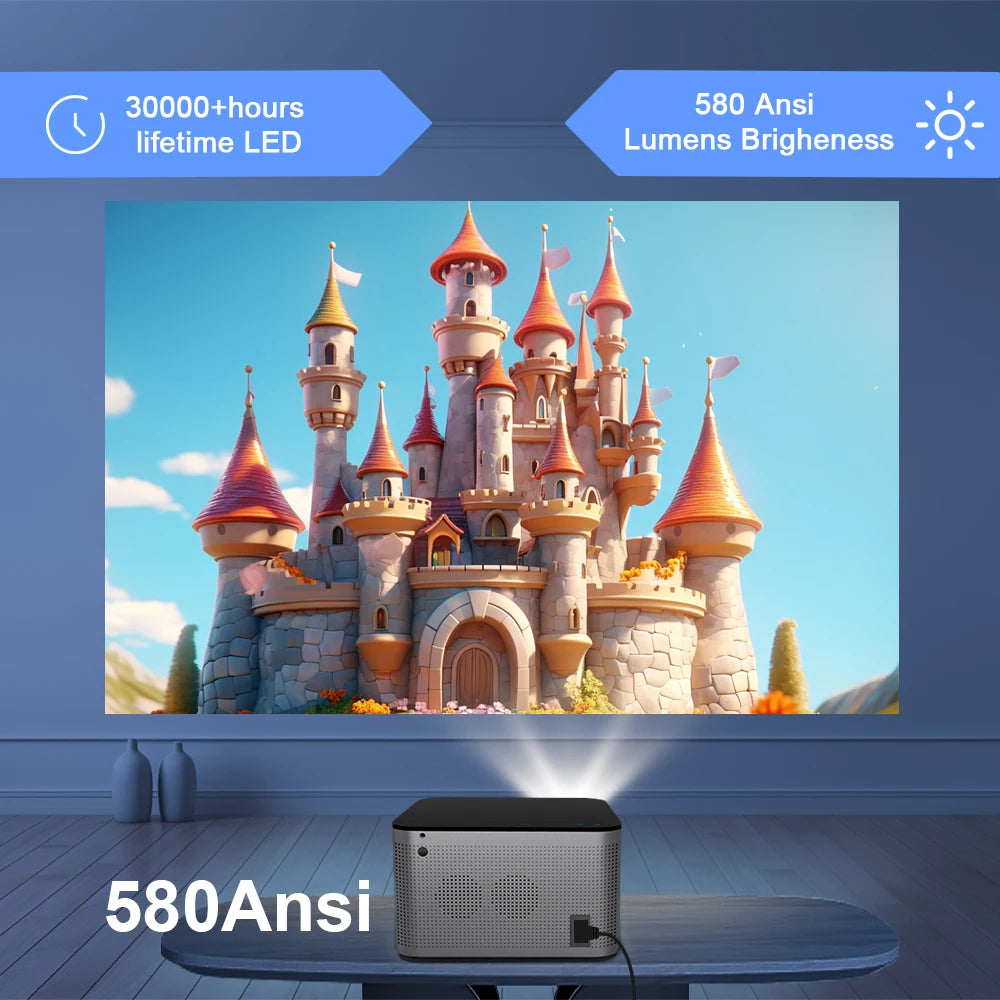 4K Smart Projector with Android 11, 580 ANSI Lumens, 1920x1080P Full HD, Wi-Fi 6, Bluetooth 5.0, Allwinner H713, and Voice Control for Home Theater Applications
