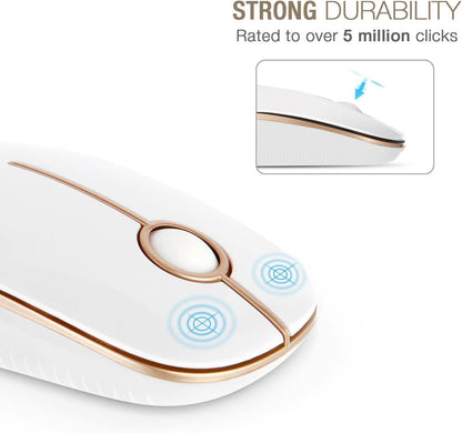 Wireless Mouse, 2.4G Slim Portable Computer Laptop Mouse with Nano Receiver Quiet Silent Optical Mice for Notebook, PC, Laptop, Computer-White and Gold