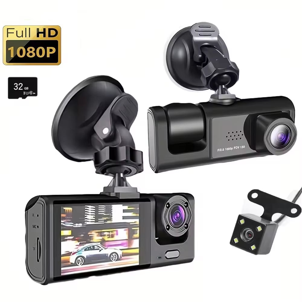 Dash Cam W/ IR Night Vision Loop Recording & 2" IPS Screen 1080P 3 Camera ， DVR Recorder, Video Recorder, Vehicle DVR