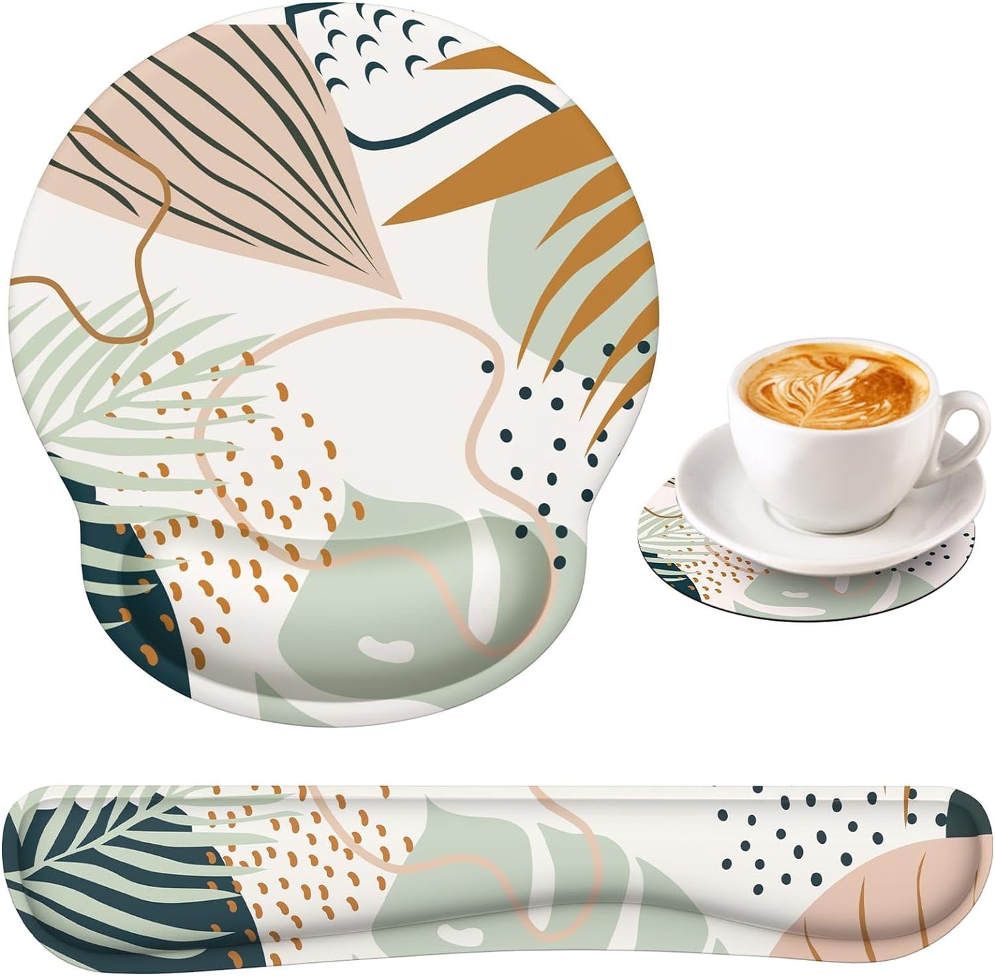 Mouse Pad Wrist Support Keyboard Wrist Rest Set, Ergonomic Mouse Pad with Non-Slip Base for Computer Laptop Home Office + Coasters, Easy Typing & Pain Relief Mouse Mat, Tropical Plants