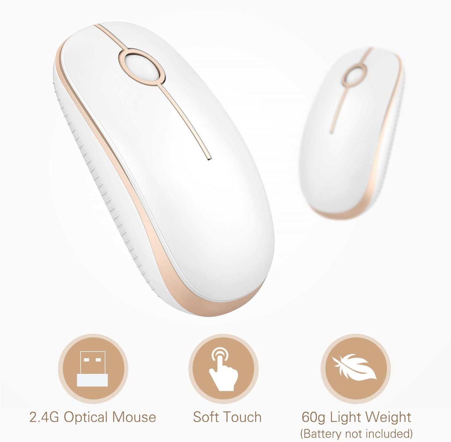Wireless Mouse, 2.4G Slim Portable Computer Laptop Mouse with Nano Receiver Quiet Silent Optical Mice for Notebook, PC, Laptop, Computer-White and Gold
